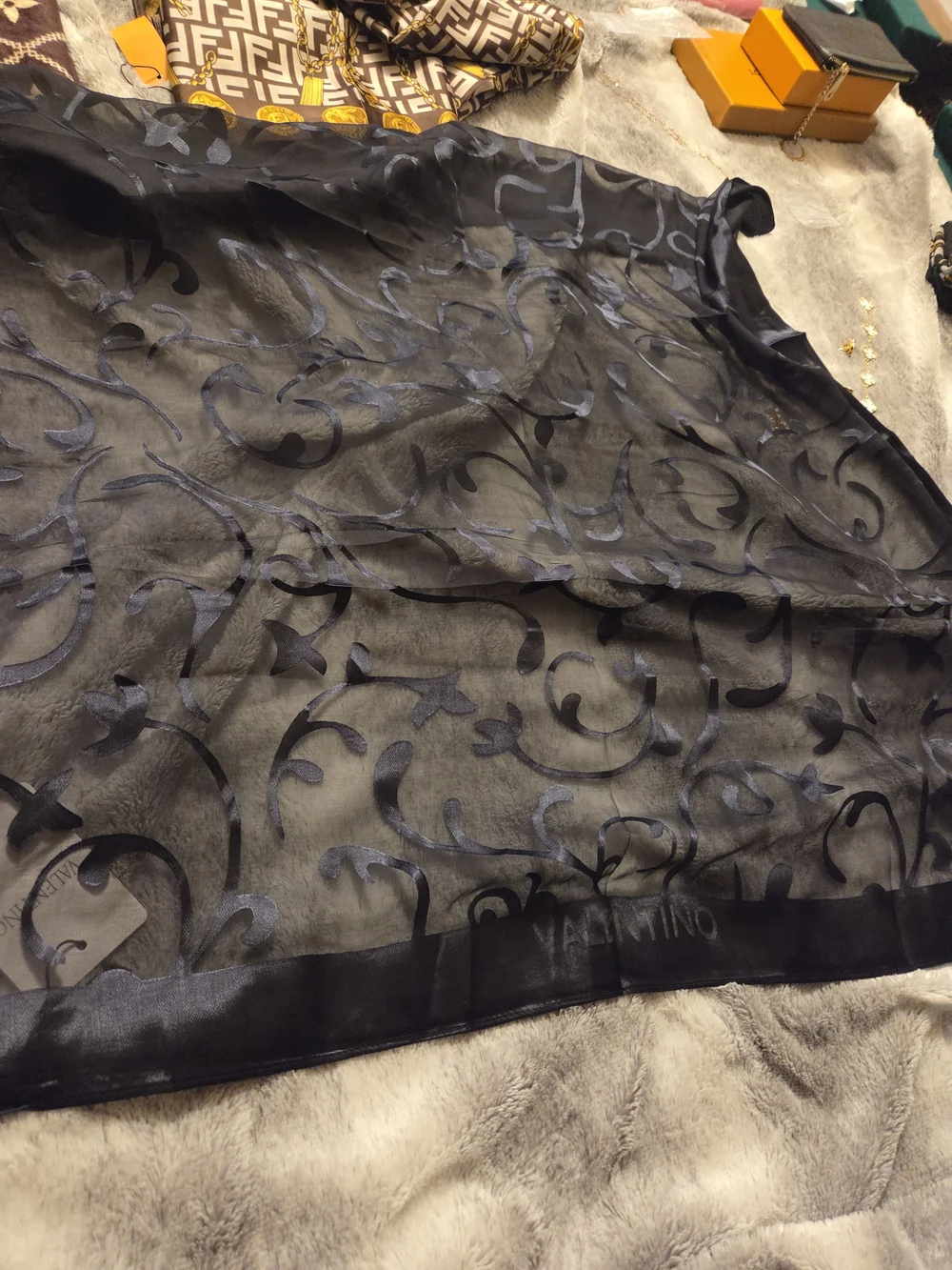 Valentino Navy Sheer Scarf with Scroll Motif NWT